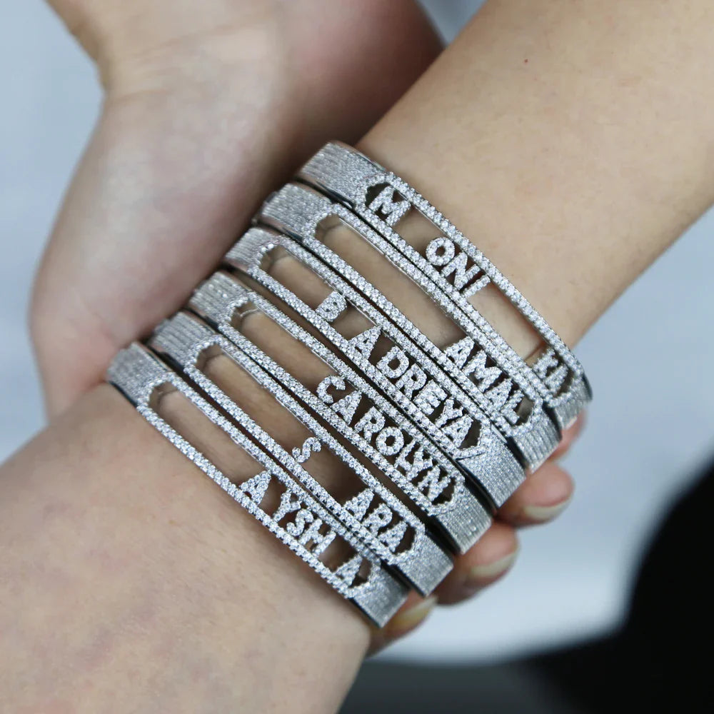 DIY Name Jewelry Silver Color Micro Pave 5A CZ Sparking Bling 26 Initial Alphabet Letter Slider Charm Bangle Bracelet