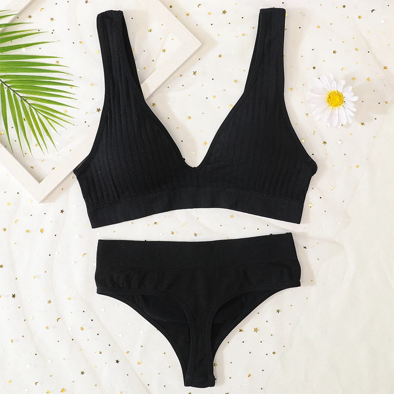 Seamless Underwear Set Women Sport Lingerie Set Wireless Deep V Bra