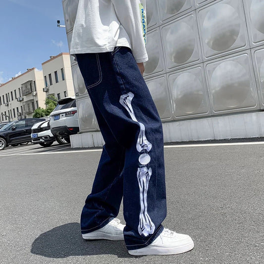Jeans Men Skeleton Baggy Casual Jean Pants Mens Japan Style Streetwear