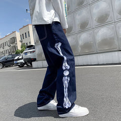 Jeans Men Skeleton Baggy Casual Jean Pants Mens Japan Style Streetwear