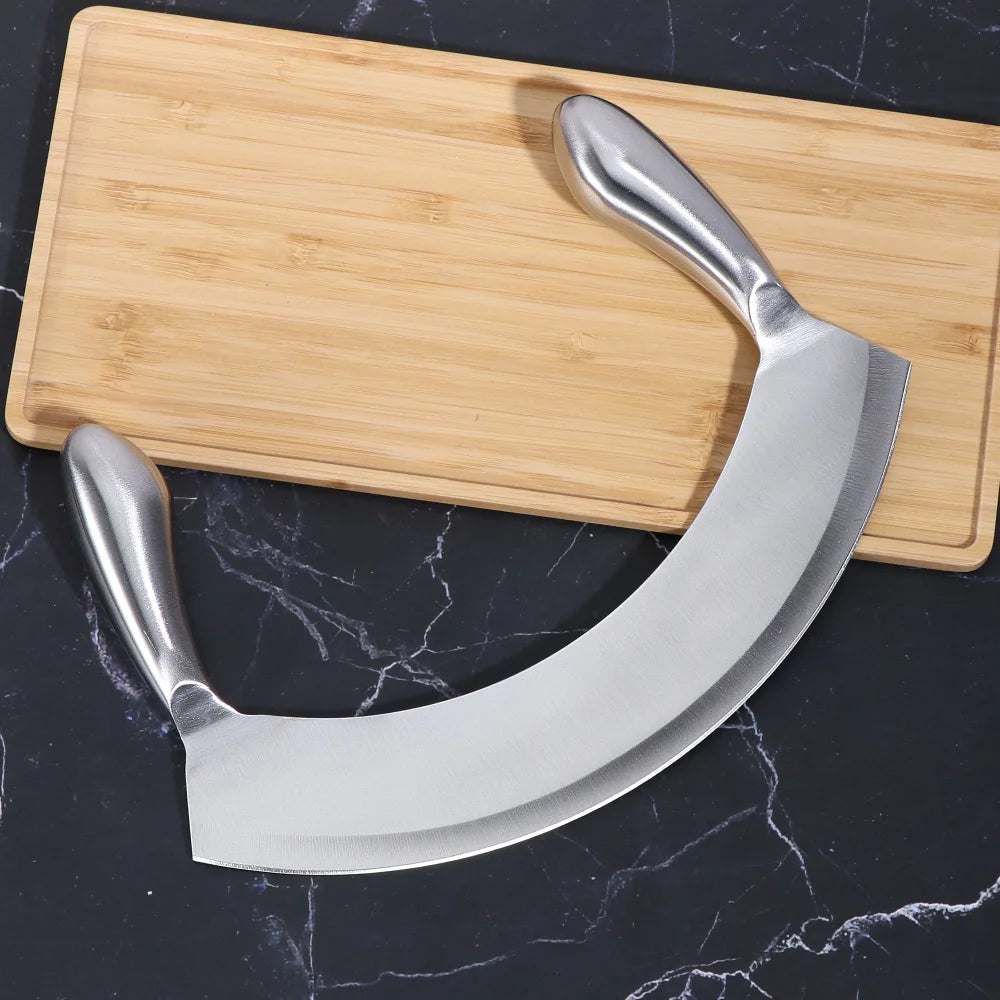 8.5 Inch Stainless Steel Mezzaluna Knife Pizza Cutter Fruit Vegetable Salad Chopper