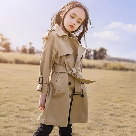 4-13Y Teen Girls Long Trench Coats Fashion England Style Windbreaker Jacket