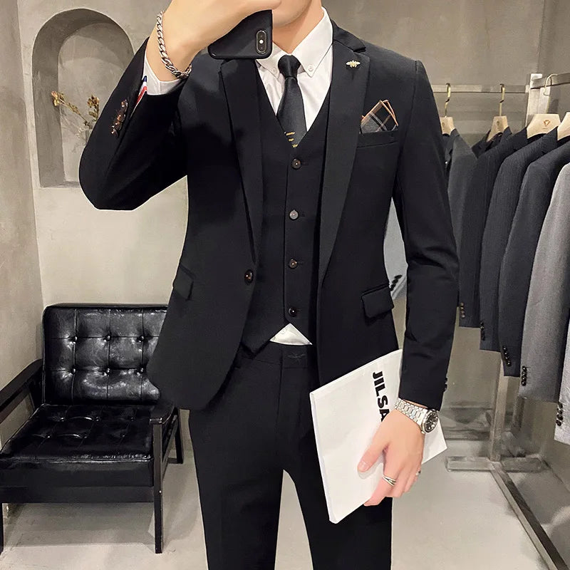 ( Jacket + Vest + Pants ) High-end Boutique Solid Color Men's Formal Business Suit 3Pces Set Bridegroom Wedding Costume Tuxedo