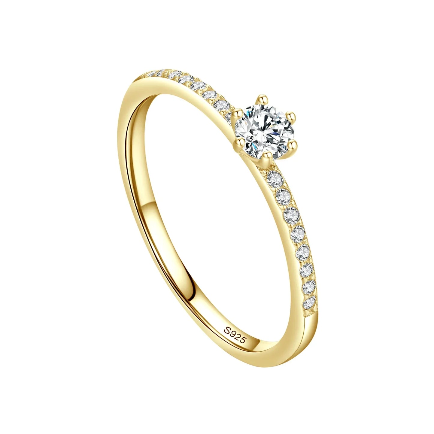 Ailmay Classic 925 Sterling Silver Sparkling Clear Zircon Golden Color Rings For Women Wedding Engagement Fine Female Jewelry