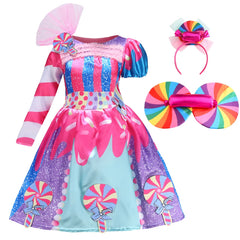 Girls Birthday Lollipop Fantasy Dress Children Carnival Rainbow Candy Costume