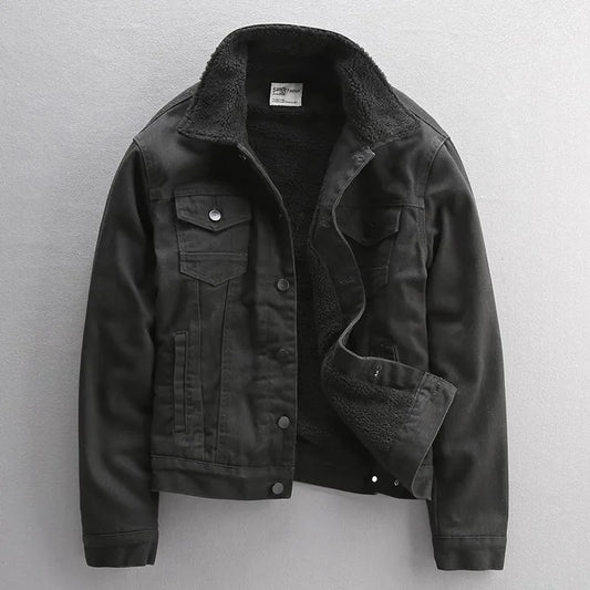 Men's Winter Wool Denim  Jackets Fleece Lined Fur Collar Thermal Jeans