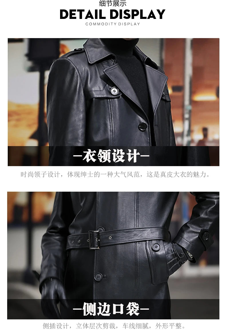 Long Smart Black Waterproof Leather Trench Coat Men Lapel belt Autumn Soft