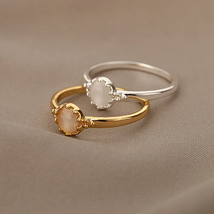 White Fire Opal Rings For Women Ring Stainless Steel Vintage Round Charm Ring