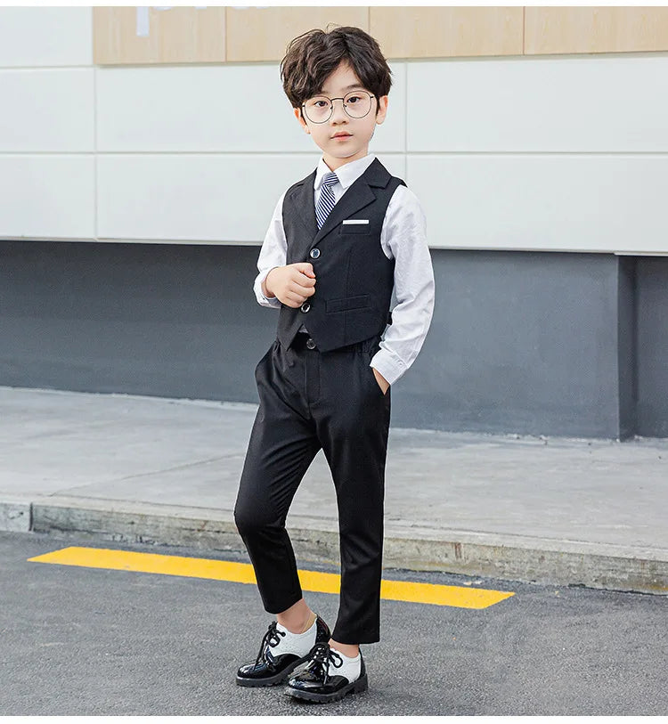 Boy Top Ring Bearer Waistcoat Clothes Set Kids Formal Suits Child Tie Long Sleeve Shirt Vest Trousers Toddler Gentleman Outfits