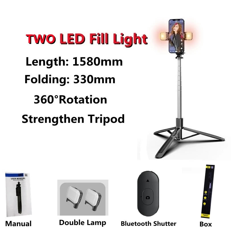 1580mm Wireless Selfie Stick Tripod Foldable Monopod With Fill light