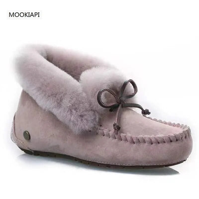 100% Genuine Leather Waterproof Women Flat Shoes Comfortable Winter Warm Natural Fur Snow Shoes Fashion Non-slip