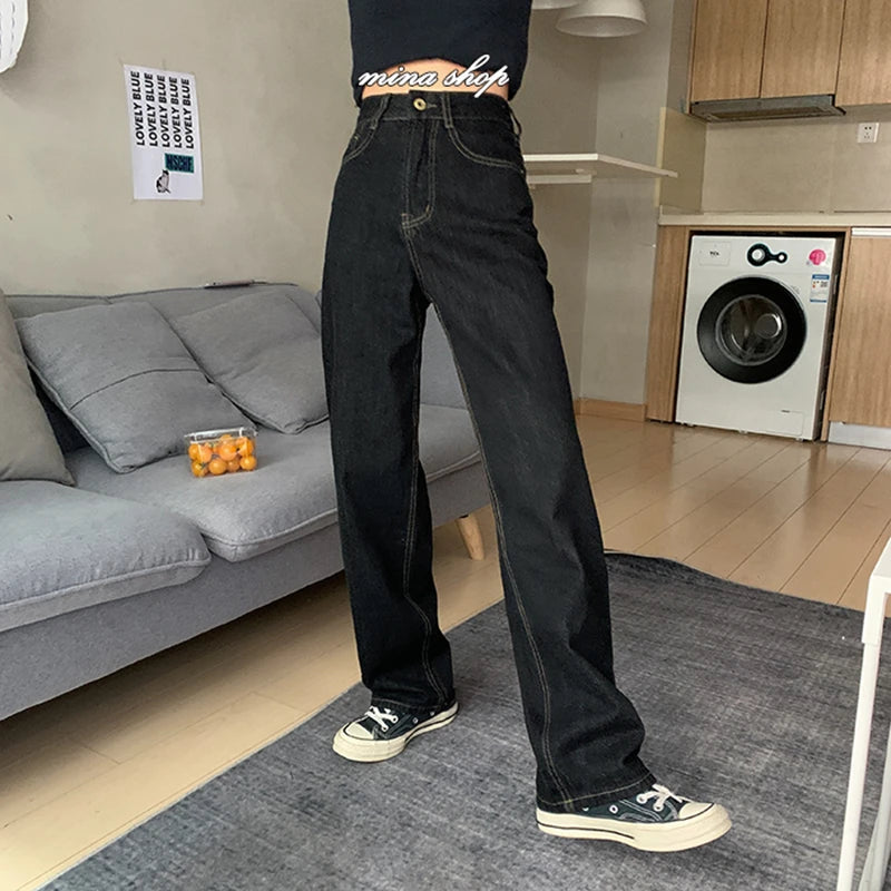 Vintage High Waist Women Black Jeans Korean Fashion Streetwear Wide Leg Jean