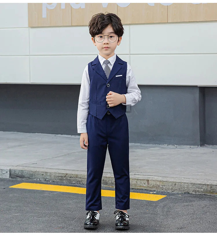 Boy Top Ring Bearer Waistcoat Clothes Set Kids Formal Suits Child Tie Long Sleeve Shirt Vest Trousers Toddler Gentleman Outfits