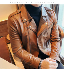 Men Faux Leather Jacket Oblique Zipper Jackets Motorcycle Black Jaqueta De Couro