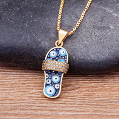 Pave CZ Rhinestone Enamel Slipper Pendant For Women Blue Evil Eye Necklace