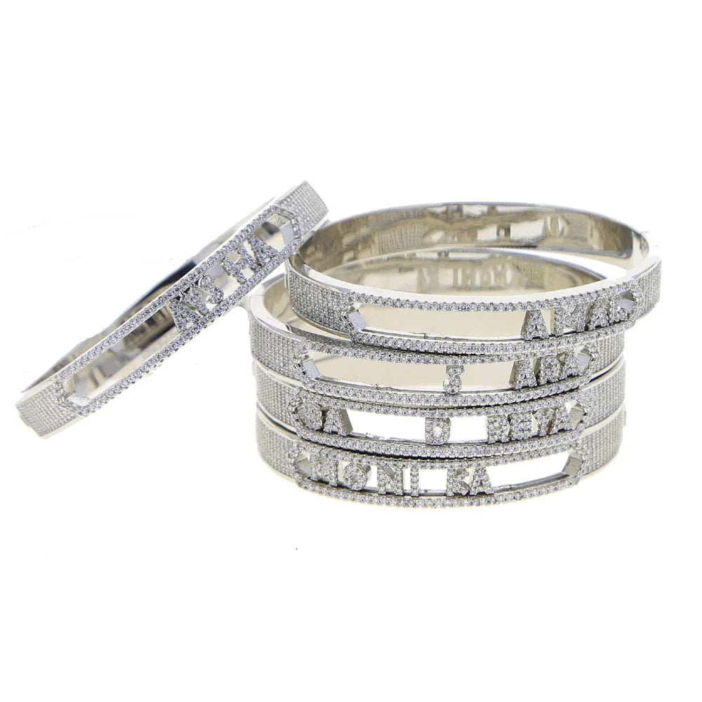 DIY Name Jewelry Silver Color Micro Pave 5A CZ Sparking Bling 26 Initial Alphabet Letter Slider Charm Bangle Bracelet