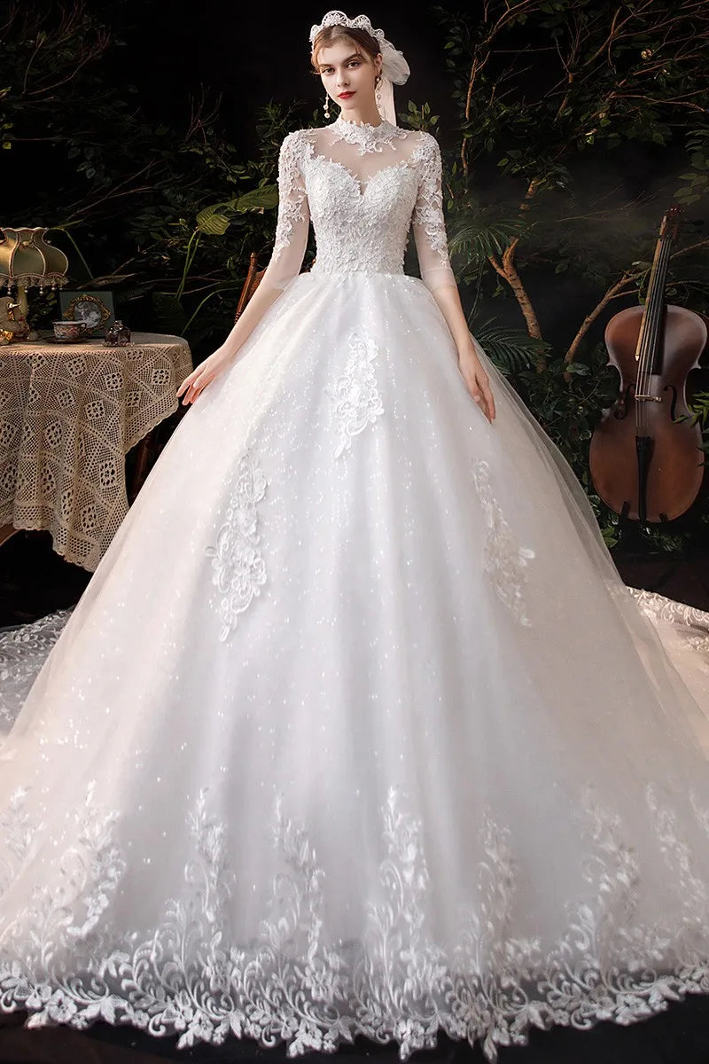 White Bridesmaid Dresses: Wedding Dress Three Quarter Sleeve High Neck