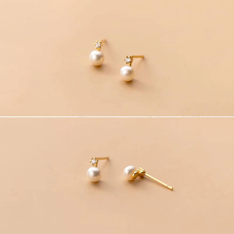 WANTME Genuine 925 Sterling Silver Geometric Zircon Pearl Mini Small Stud Earrings for Women Chic Charming Korean Jewelry 2021