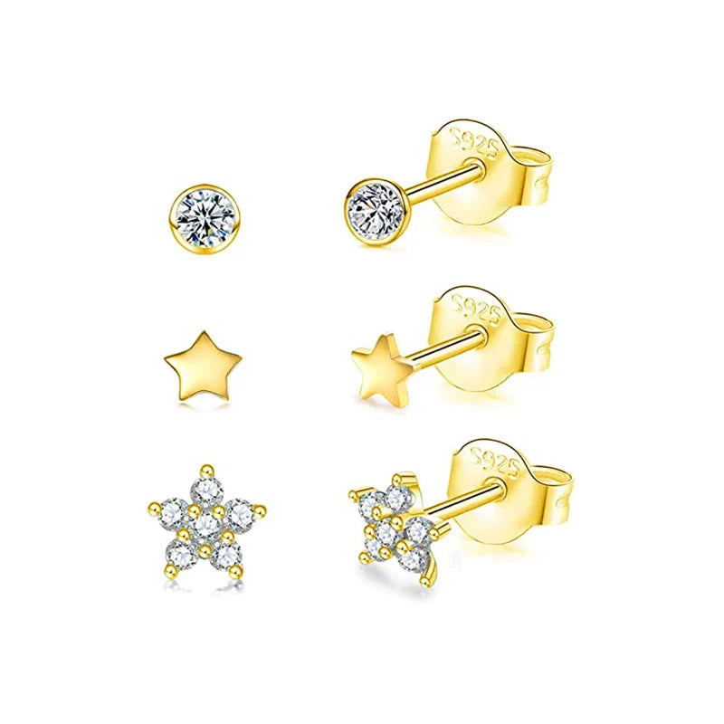 CANNER 3pcs/set Bling Zircon Earring 925 Sterling Silver Cute Mini Heart Star Stud Earrings Ear Bone Earlobe Piercing Jewerly