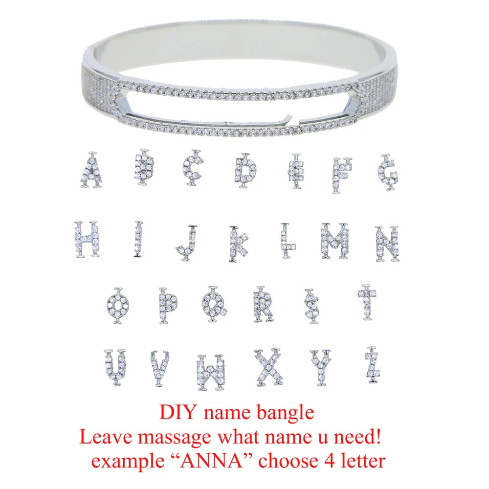 DIY Name Jewelry Silver Color Micro Pave 5A CZ Sparking Bling 26 Initial Alphabet Letter Slider Charm Bangle Bracelet