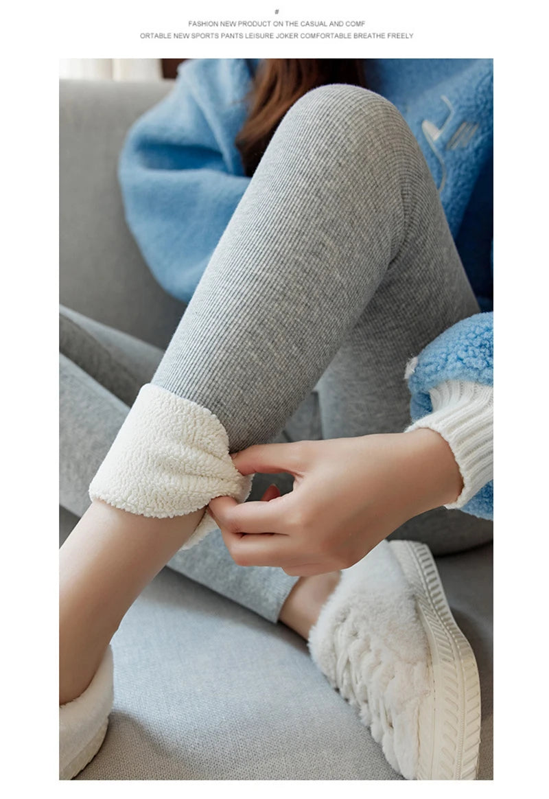 Winter Women Pants Thermal Fleece Thicken Leggings High Waist Ribbed Leggings