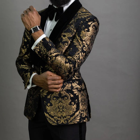 Floral Jacquard Blazer for Men Prom African Fashion Slim Fit with Velvet Shawl