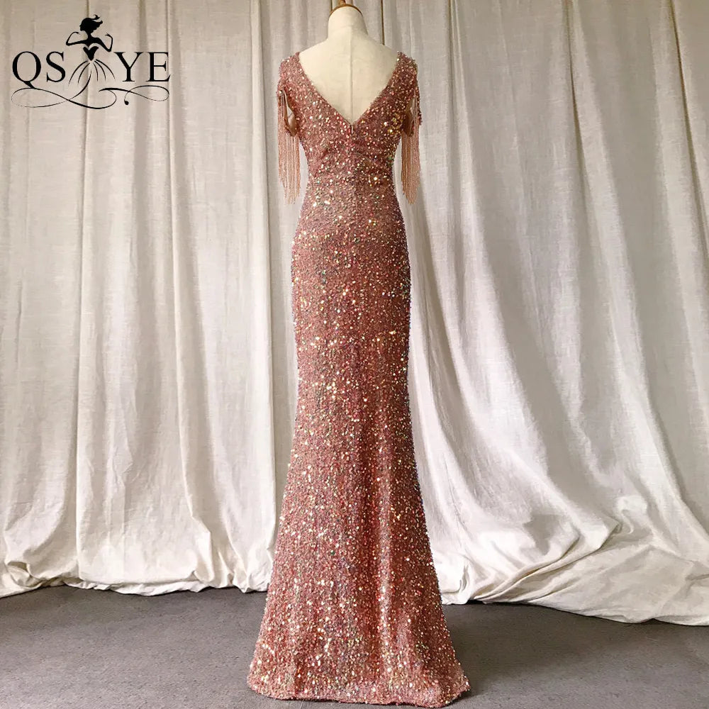 Evening wear Dresses: Beading Side Sleeves Gold Sequin Prom Gown