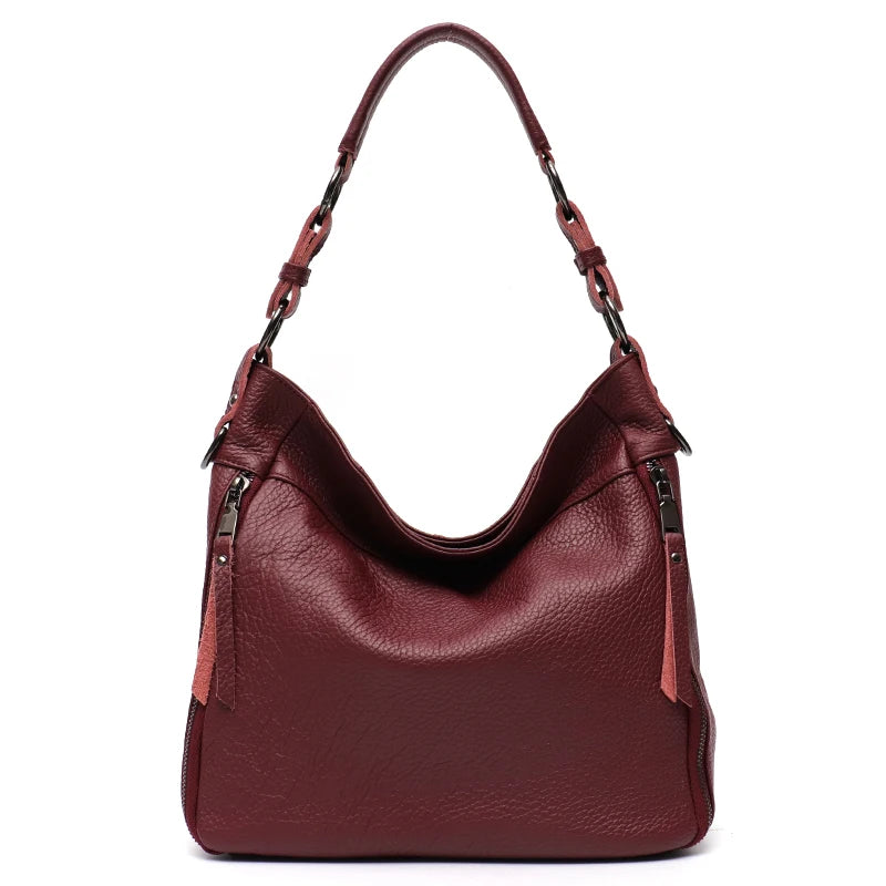 Leather Women Shoulder Bag Lady Cowhide Multi Pockets Casual Soft Hobo