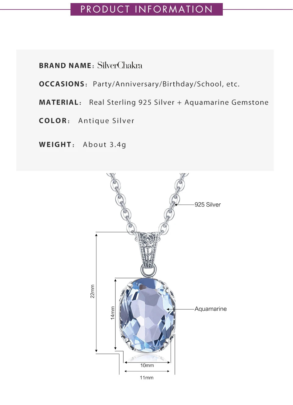 Unique 925 Sterling Silver Necklace Aquamarine Gemstone Pendant Necklaces with Chain