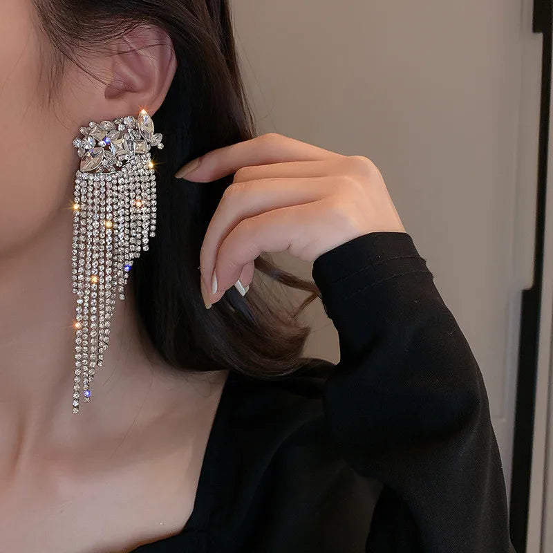 FYUAN New Long Tassel Geometric Drop Earrings for Women Oversize Flowers Crystal Dangle Earrings Statement Jewelry