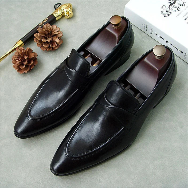 PJCMG New Cowhide Men's Pointed Toe Black Formal Party Genuine Leather Wedding Casual Flat Patent Oxford Men Shoes