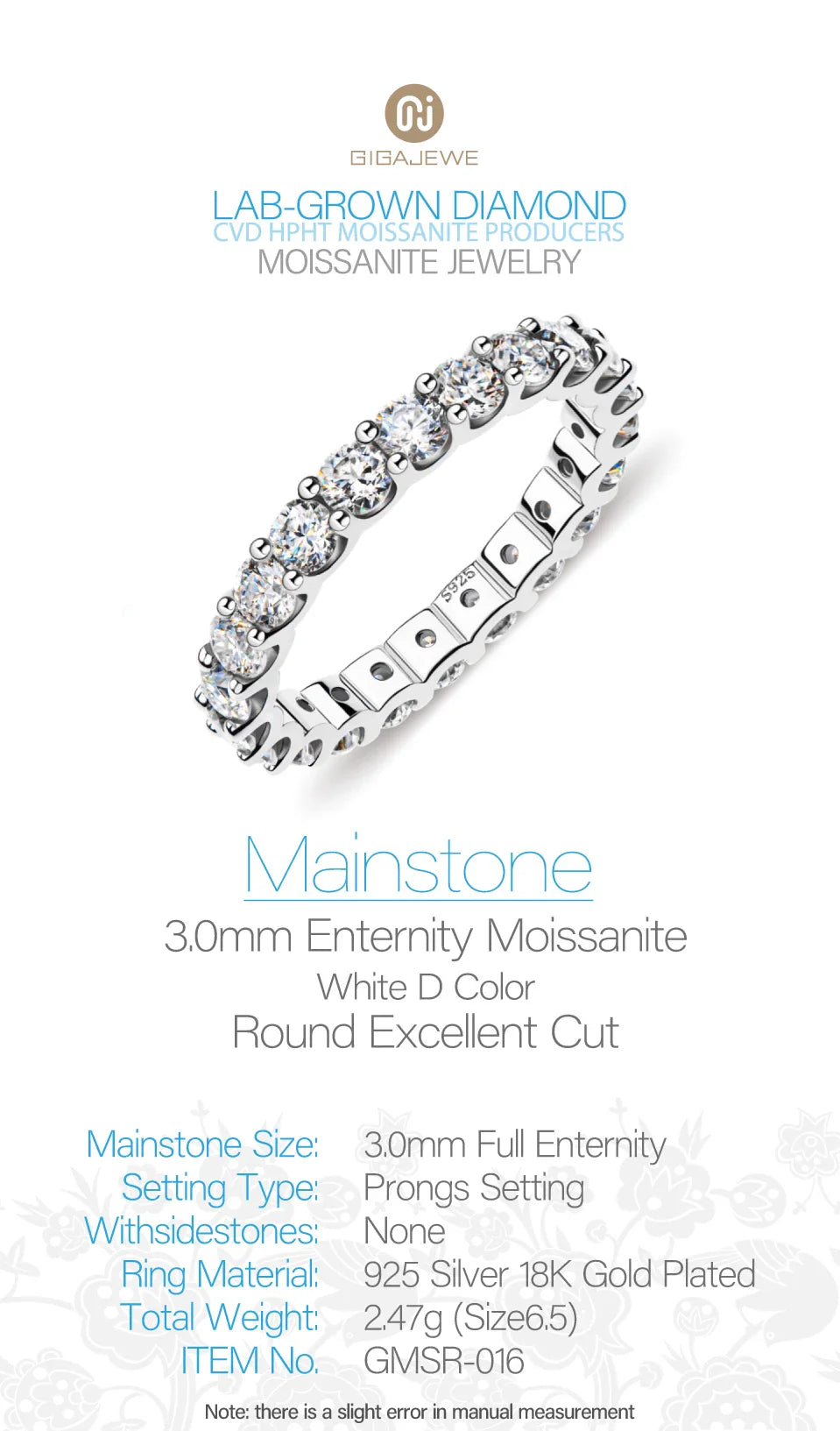 GIGAJEWE Moissanite 2.0-2.4ct 3.0mm  D VVS1 Round Cut 925 Silver Full Enternity Ring Diamond Test Passed Woman Girl Gift