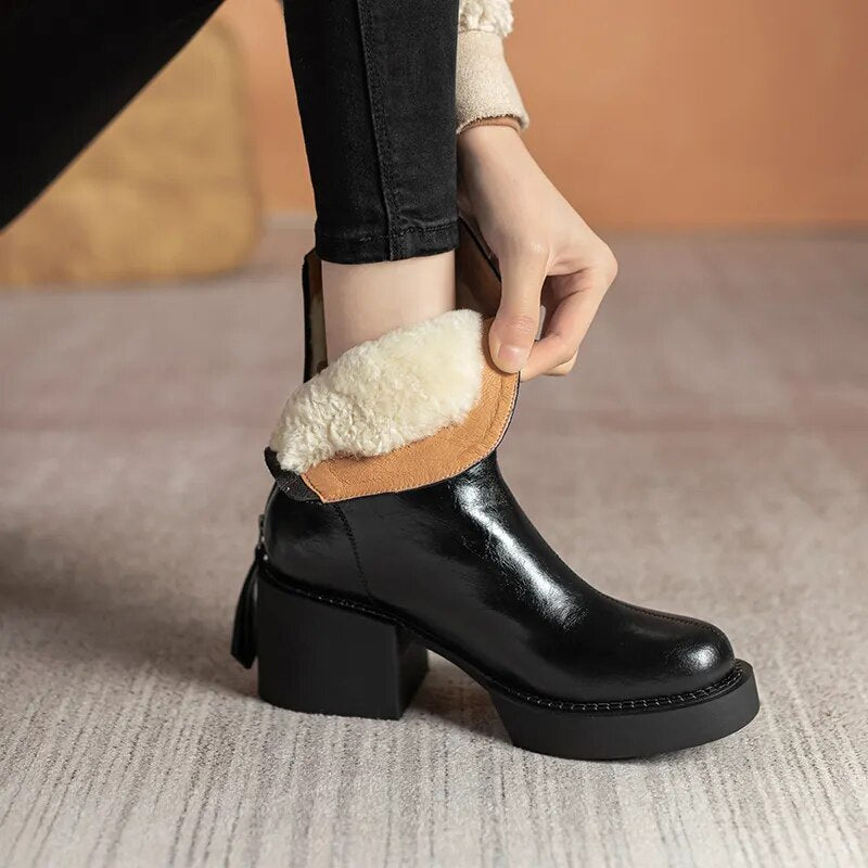 Women Boots Women Shoes Round Toe Square Heel Real Wool Thick Heel Short Boots