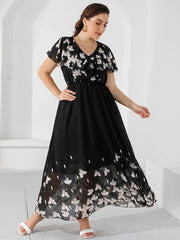 Plus Size Casual Women's Dresses Summer Ruffles V Neck Short Sleeve Floral Maxi