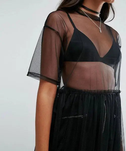 New Fashion Women Black Mesh Cover Up Sheer Short Sleeve Blouses Women Summer Long Casual Clothing Shirts