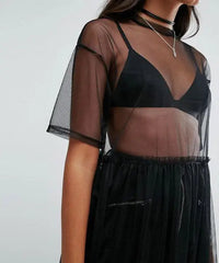 Women Black Mesh Cover Up Sheer Short Sleeve Blouses Women