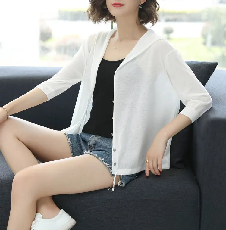 Hooded Thin Sweater Cardigan Women Silk Linen Spring  Summer Lace Up V-neck Short