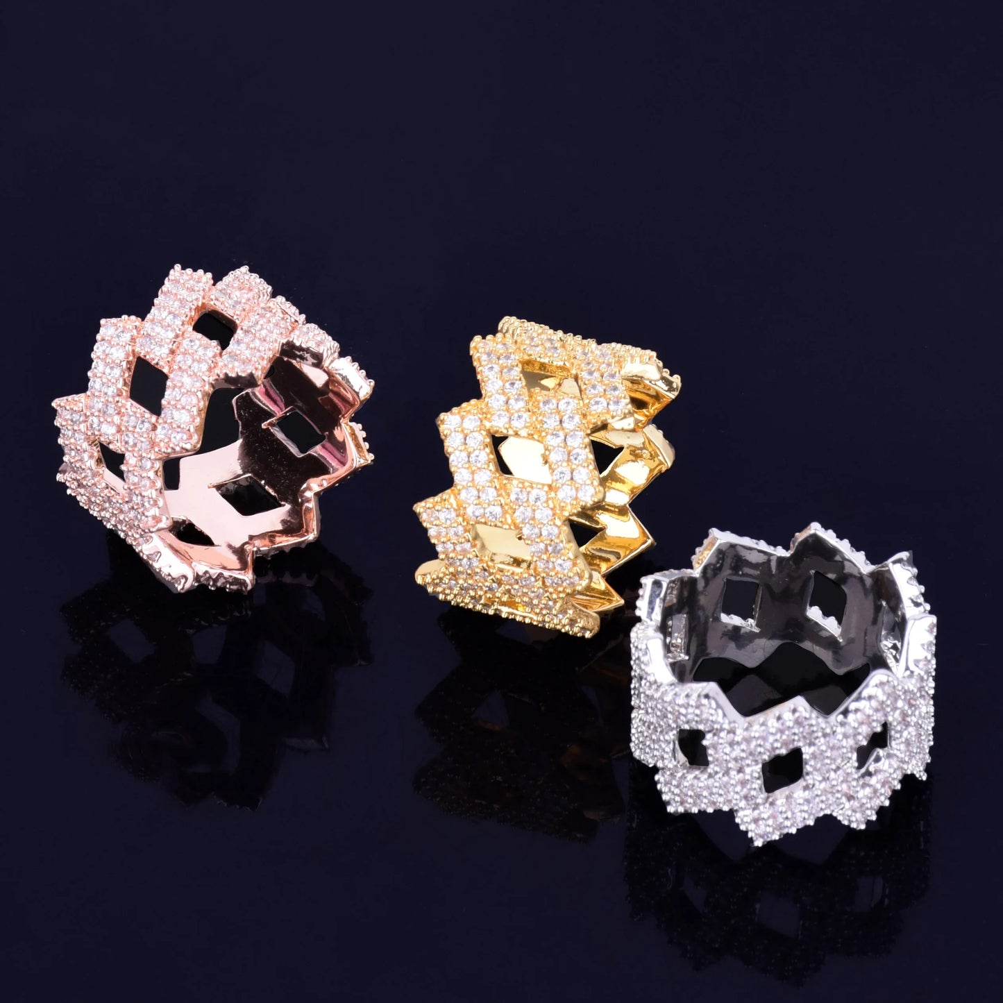 Bubble Letter Miami Cuban Link Rings for Men Gold Color Iced Out Full Zircon Hip Hop