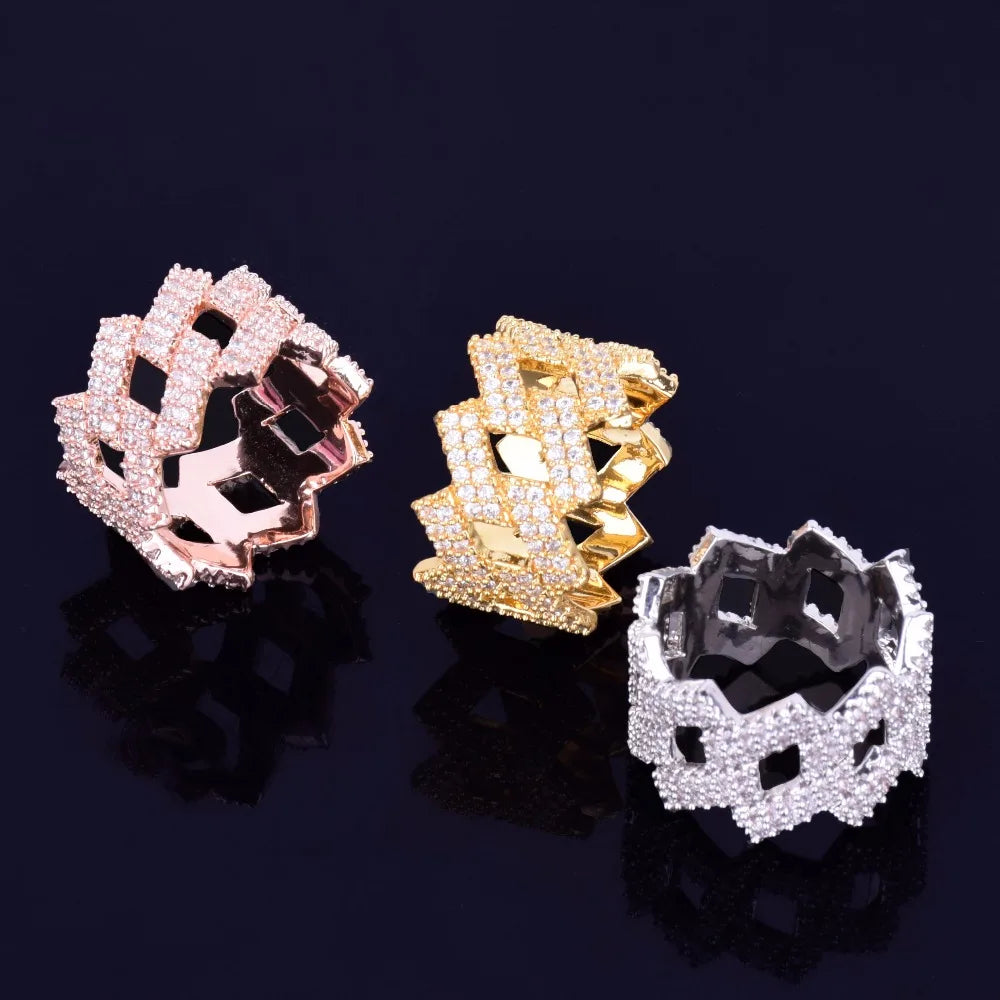 Bubble Letter Miami Cuban Link Rings for Men Gold Color Iced Out Full Zircon Hip Hop