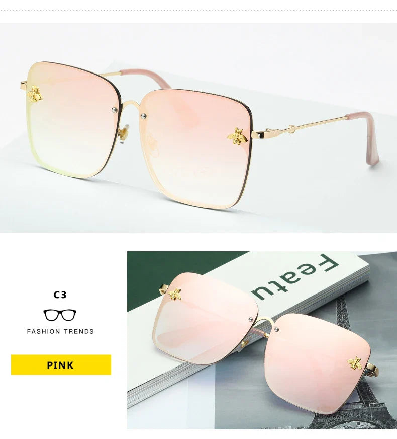 New Fashion Lady Oversize Rimless Square Bee Sunglasses Women Men Small Glasses Gradient Sun Glasses Female UV400