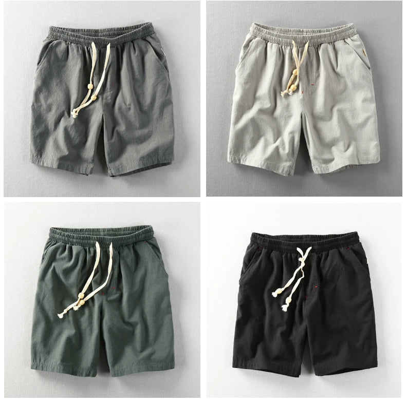 Schinteon Summer Men Casual Cotton Linen Shorts Knee Length Beach Elastic Waist Shorts Solid Color Comfortable Pants New