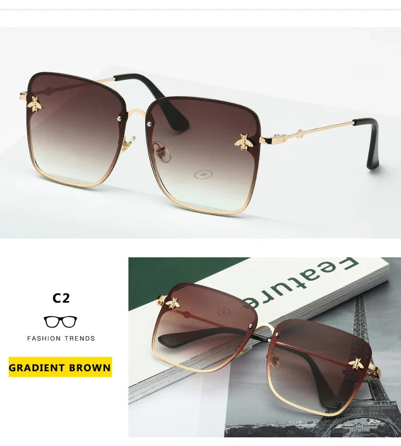New Fashion Lady Oversize Rimless Square Bee Sunglasses Women Men Small Glasses Gradient Sun Glasses Female UV400