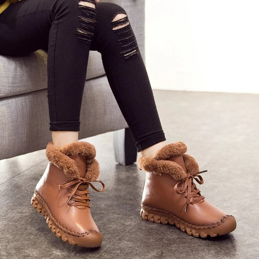Thick Cotton Winter Boots Womens Fashion Casual Female Genuine Leather Flat