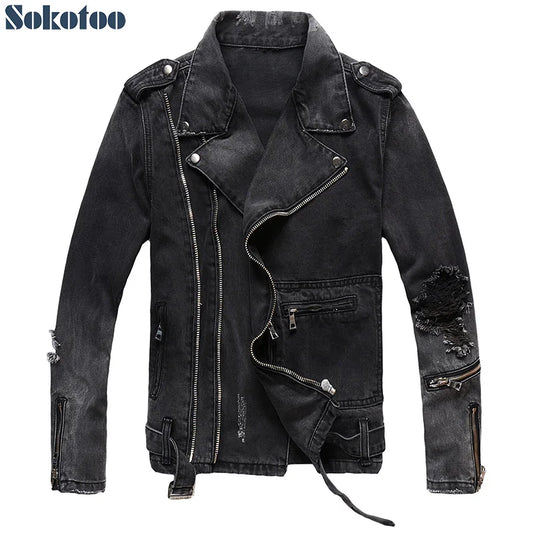 Men's zippers black denim jean biker jacket for motorcycle Vintage epaulet holes coat