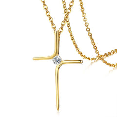 Cubic Zircon Cross Pendant Women Necklace Stainless Steel Charm CZ Stone Dainty