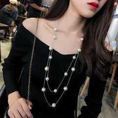 Long Double Layer Simulated Pearl Necklace Women Sweater Chain  Female Collares