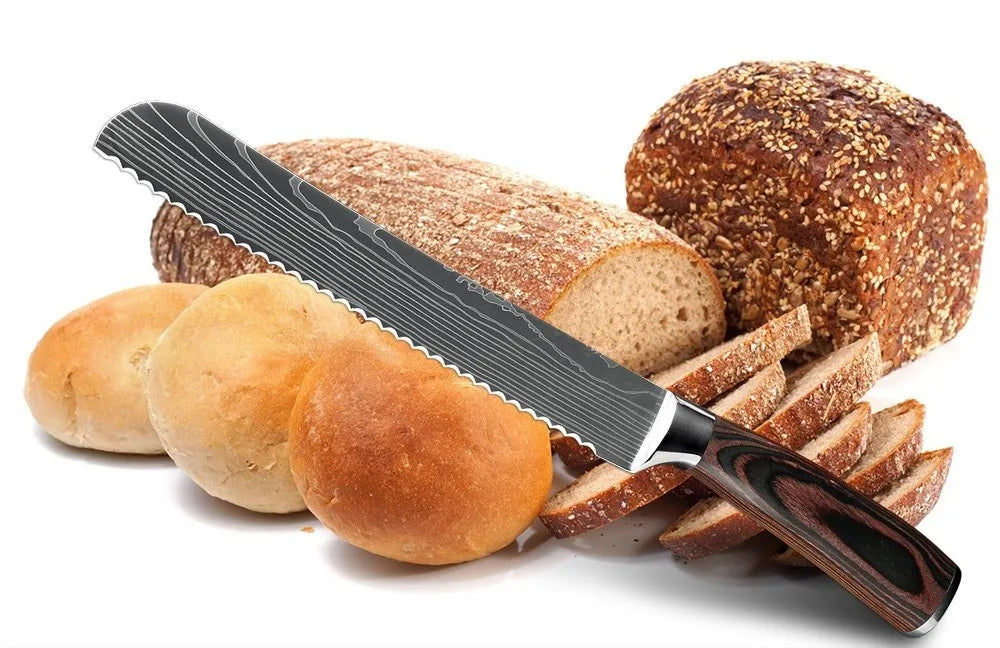 Kitchen Bread Knife Serrated Design Laser Damascus Stainless Steel Blade 8 inch