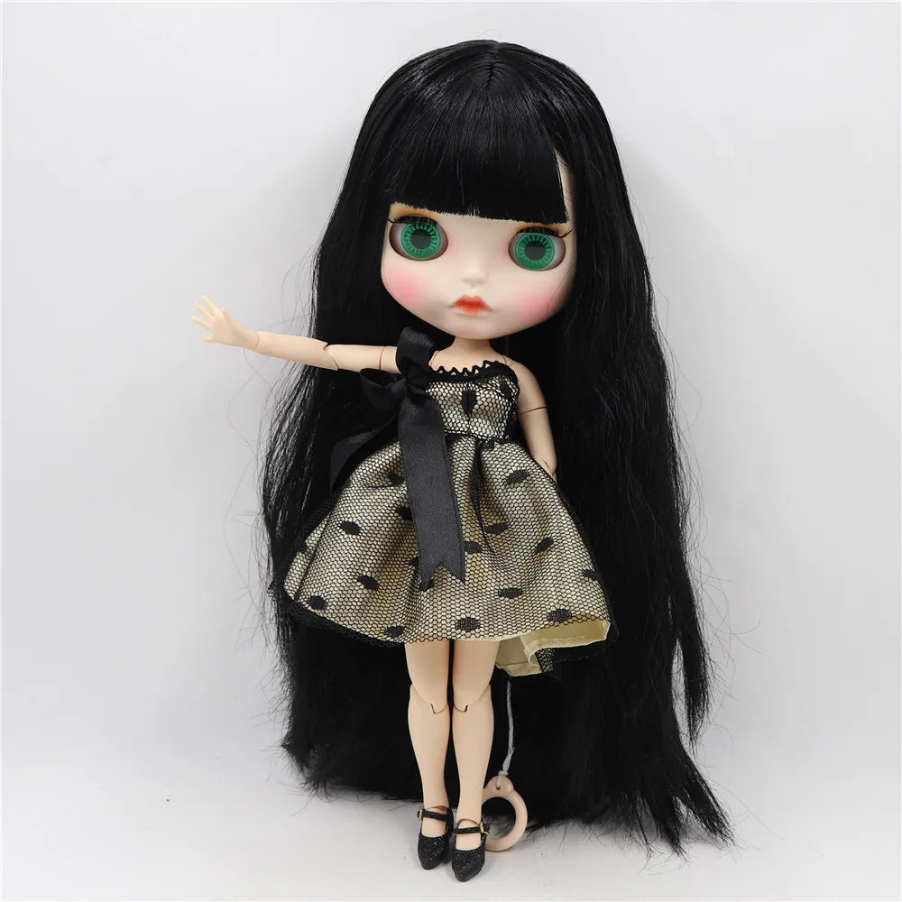 ICY DBS Blyth doll white skin joint body Black straight hair new matte face with eyebrows Lip gloss BL117