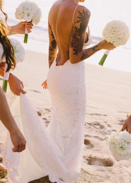 White Bridesmaid Dresses: White Lace Backless Mermaid Summer Wedding Dresses