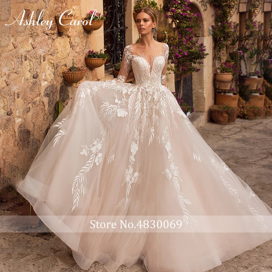 Wedding Dresses For Women Appliques Tulle Backless Long Sleeve